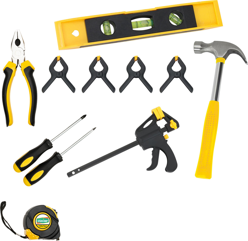 Set of tools including pliers, screwdrivers, a hammer, and a level on a white background