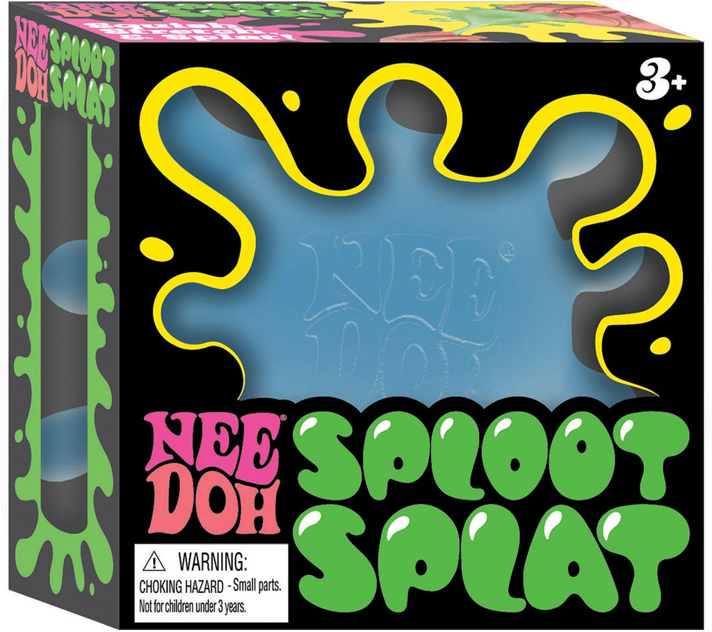 Box of Nee Doh Spoot Splat toy with colorful design and warning label.