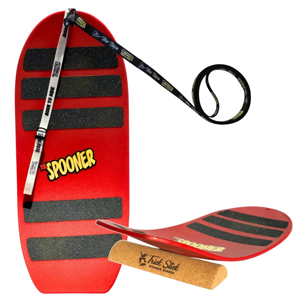 Red and black spoon with 'Spooner' branding and a strap on a white background