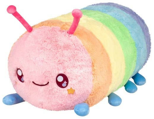 Colorful caterpillar plush toy with a smiling face on a white background