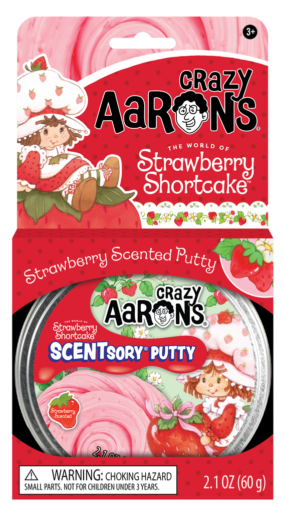 Crazy Aaron's Strawberry Shortcake scented putty packaging with a red background
