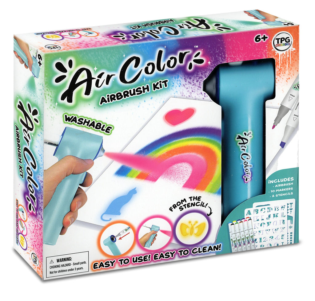Air Color airbrush kit packaging with airbrush and markers on a white background