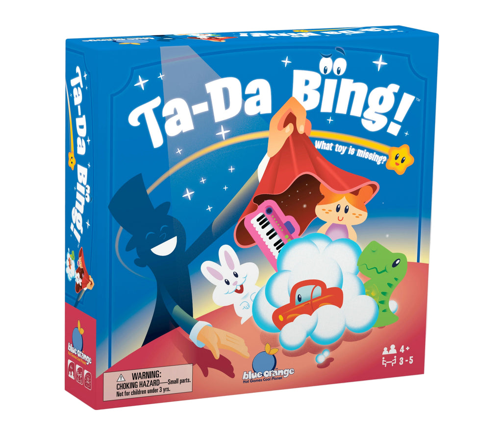 Board game box for 'Ta-Da Bing!' with colorful illustrations on a white background