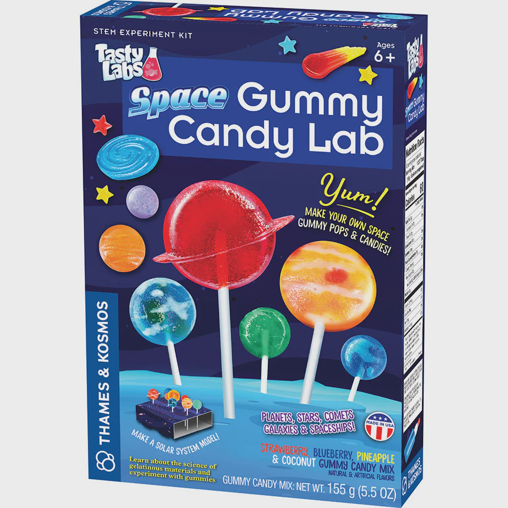 Space Gummy Candy Lab kit packaging with colorful candy illustrations on a blue background