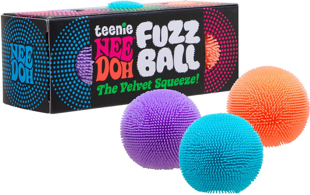 Colorful fuzzy balls with packaging labeled 'Nee Doh Fuzz Ball' on a white background