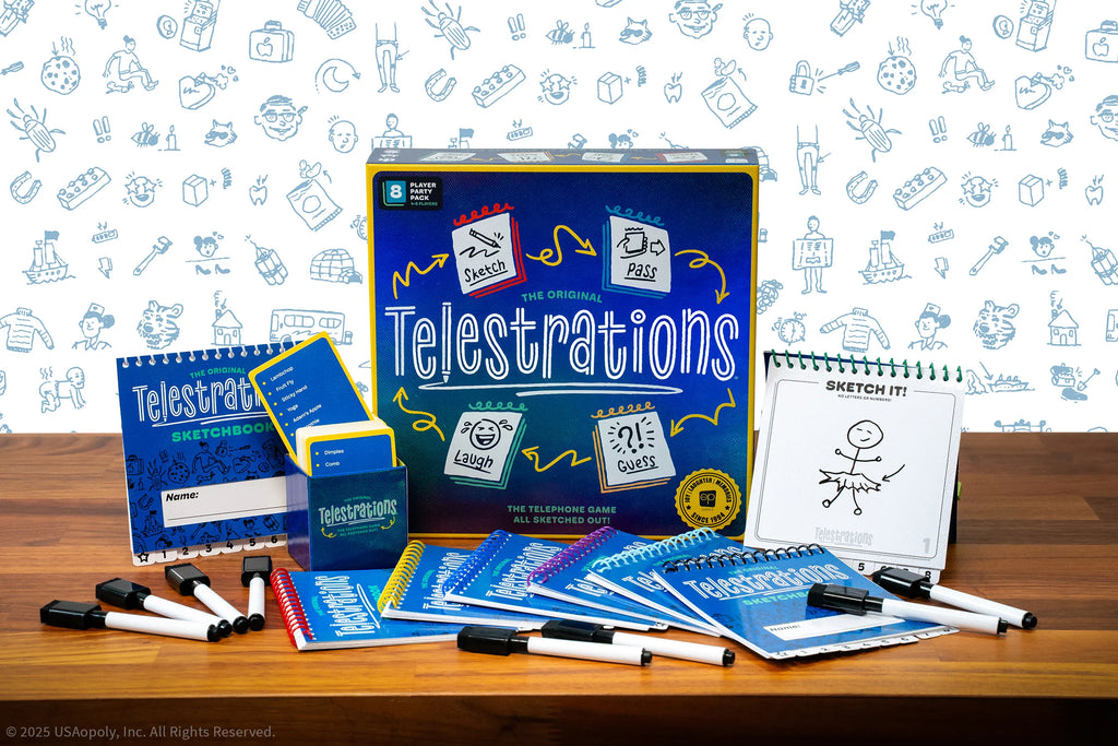 Telesitations game set with notebooks and markers on a wooden surface, against a white background with doodles.