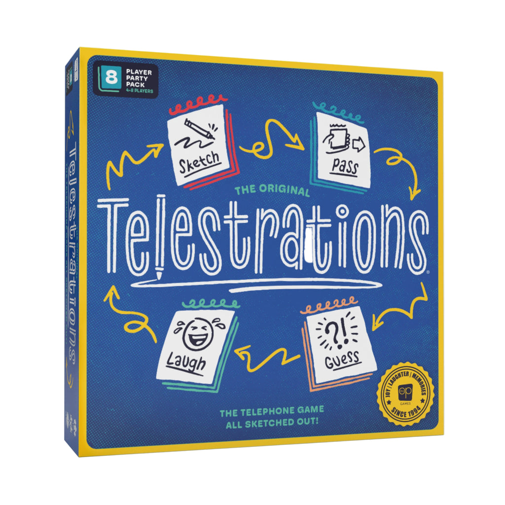 Telesstrations board game box with blue background and colorful text