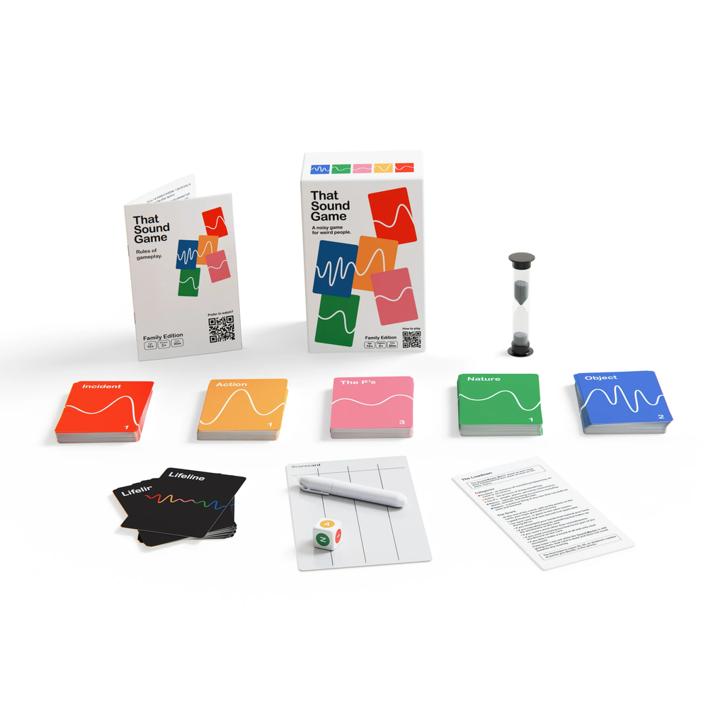 Collection of colorful game components on a white background