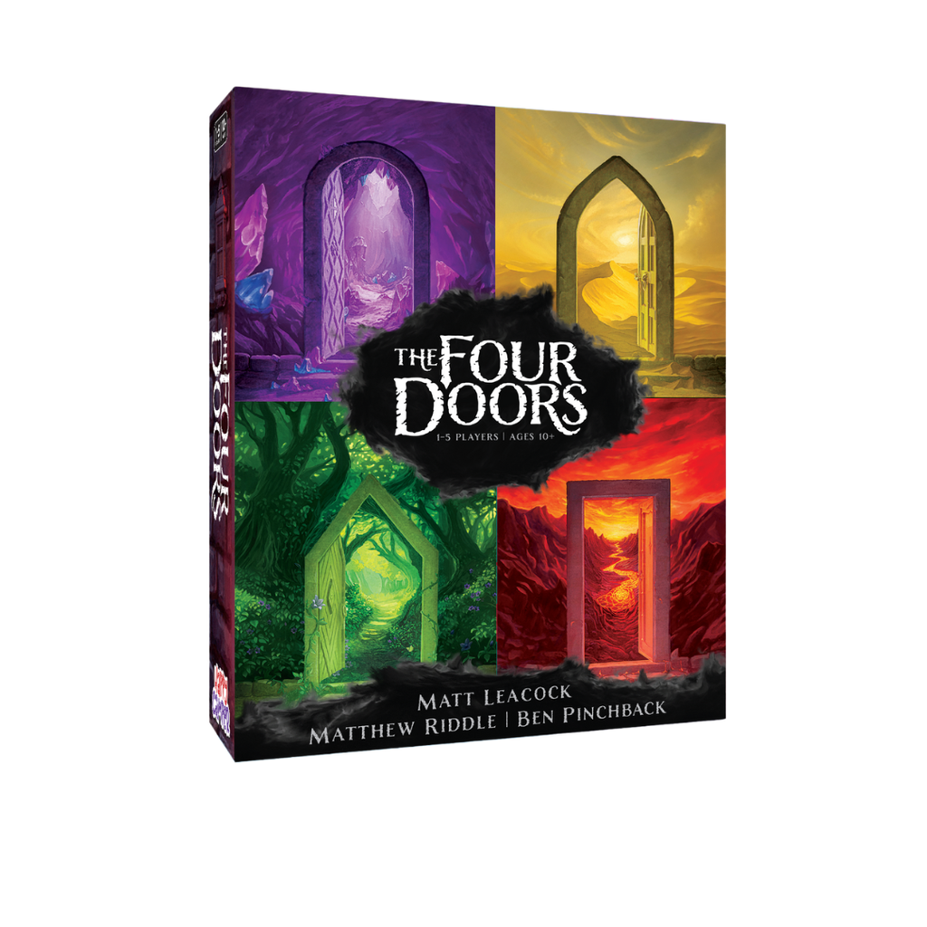Board game box titled 'The Four Doors' with colorful door illustrations on a white background.