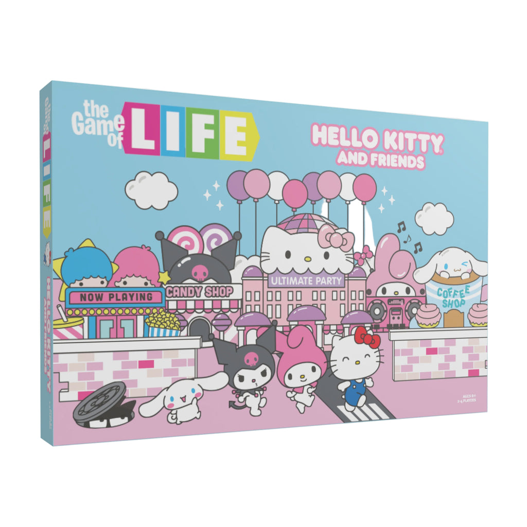 Board game box for 'The Game of Life Hello Kitty and Friends' with colorful design and cartoon characters.