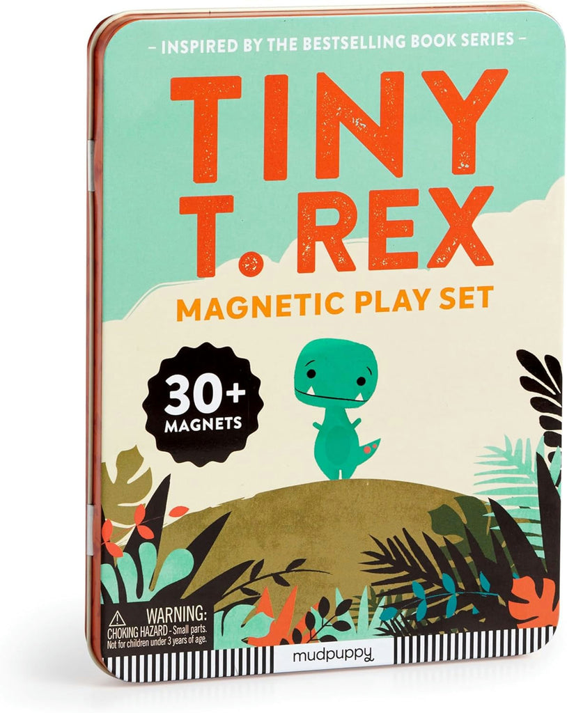 Tiny T. Rex magnetic play set from Mudpuppy packaging with dinosaur illustration and text on a white background