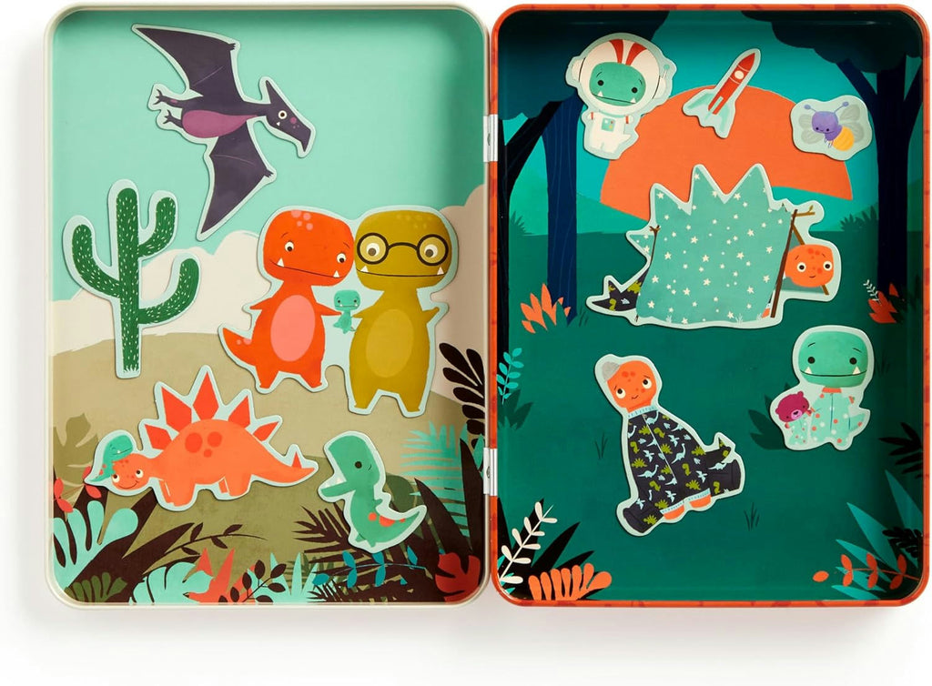 Two sides of a tin box with colorful dinosaur illustrated magnets on a white background