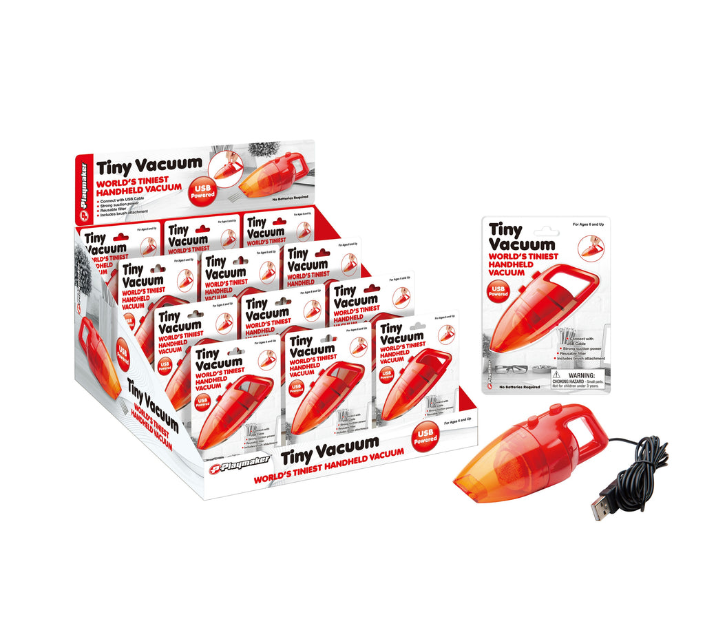 Red tiny vacuum cleaner with packaging and USB cable on a white background