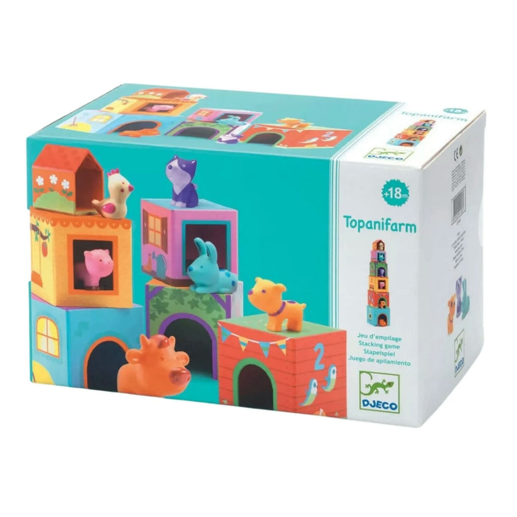 Colorful toy packaging with farm animal figures on a white background