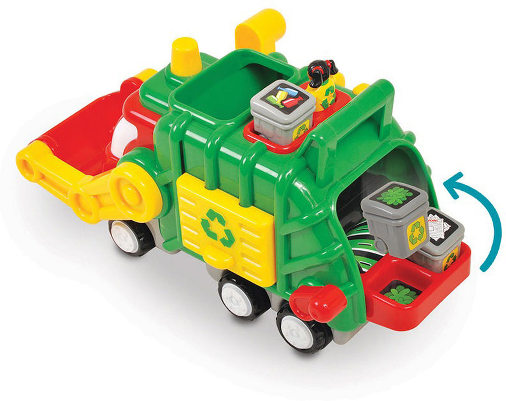 Colorful toy garbage truck with moving parts on a white background