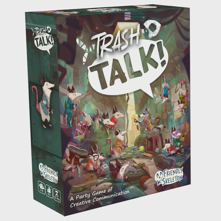 Board game box for 'Trash Talk' with colorful illustrations on a white background
