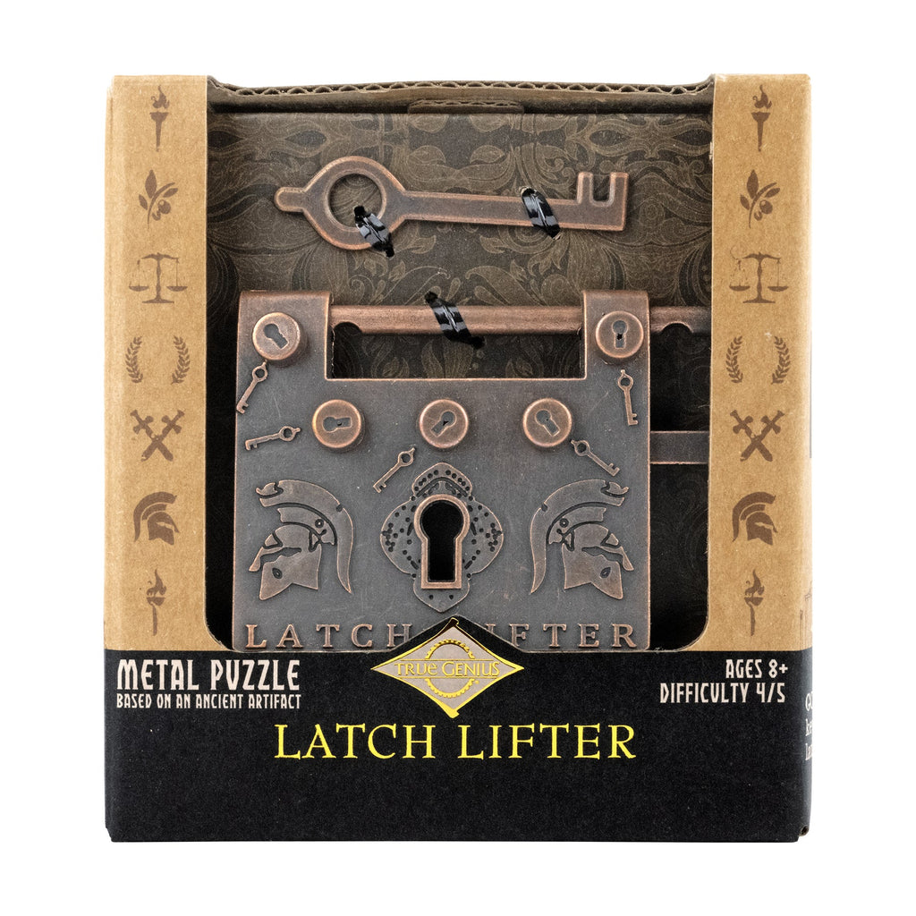 Metal puzzle game 'Latch Lifter' packaging with decorative elements on a white background