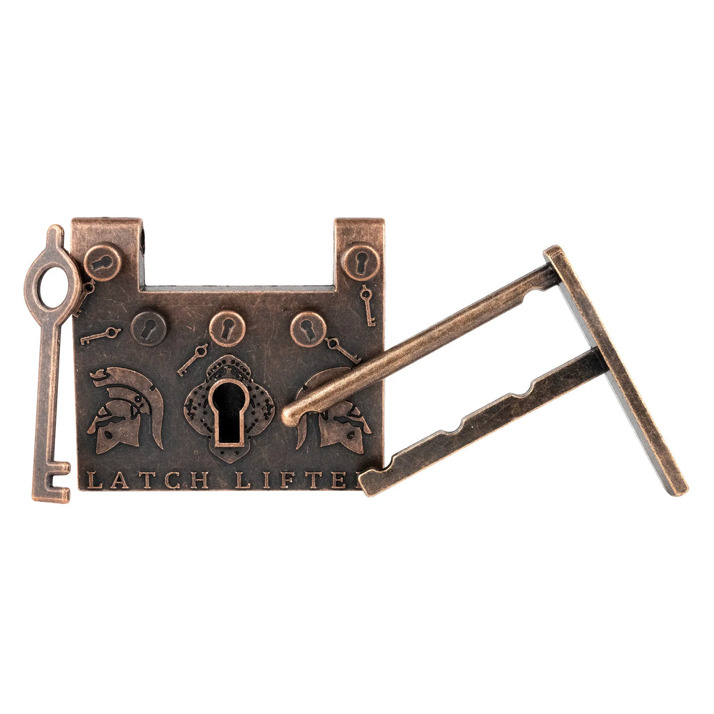 Bronze latch toy puzzle mechanism with keys on a white background
