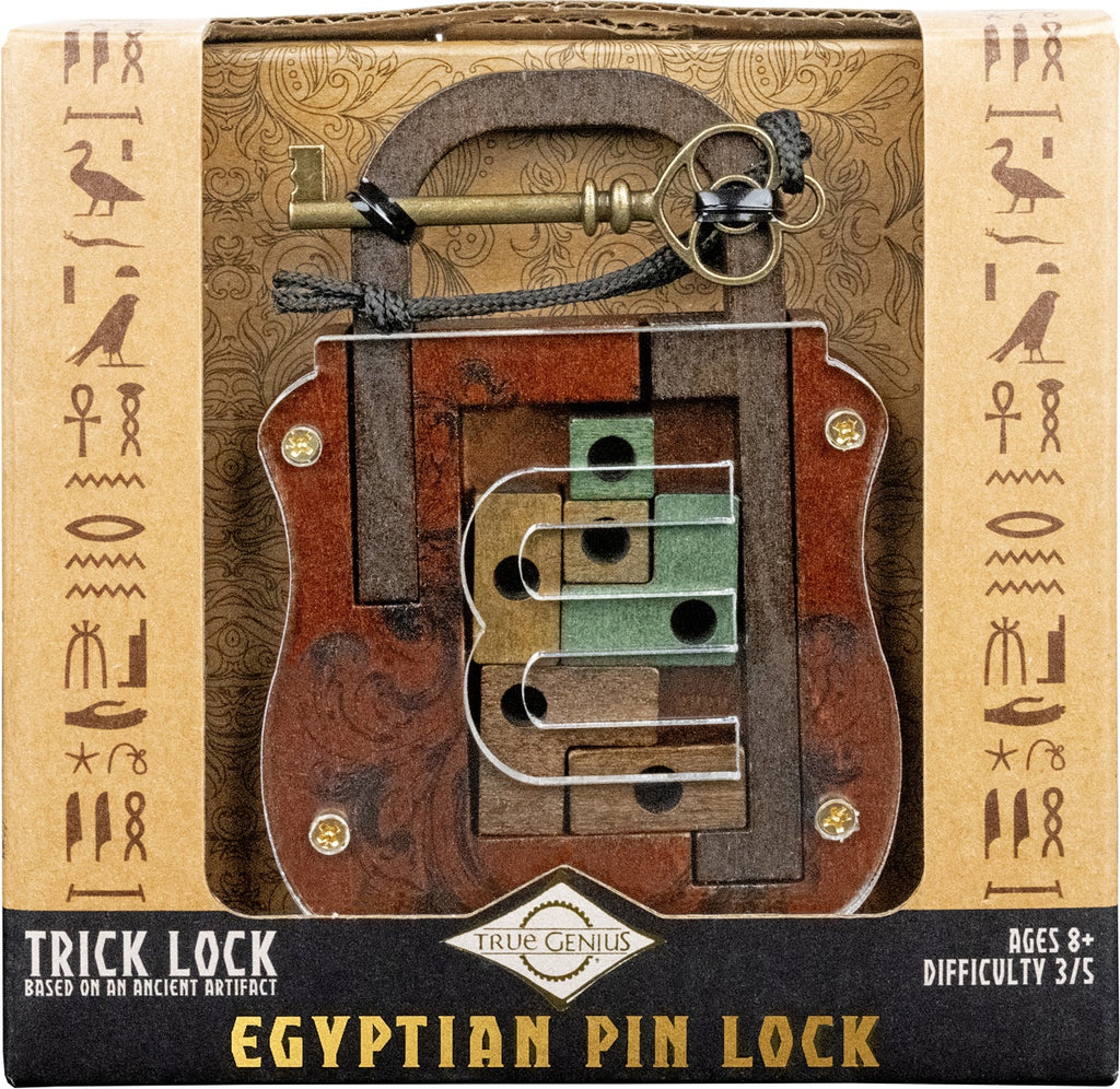 Egyptian pin lock puzzle in packaging with hieroglyphics