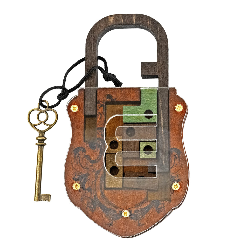 Wooden padlock toy puzzle with a key on a white background