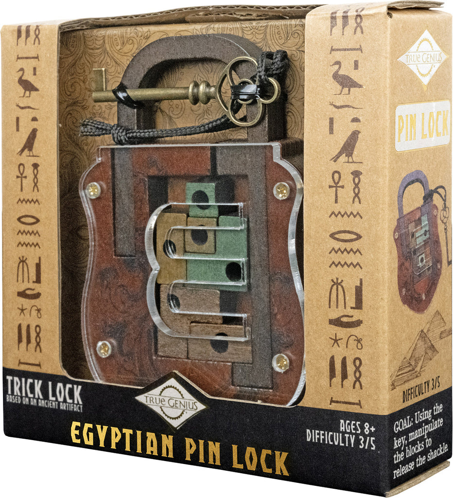 Egyptian pin lock toy with packaging featuring hieroglyphics