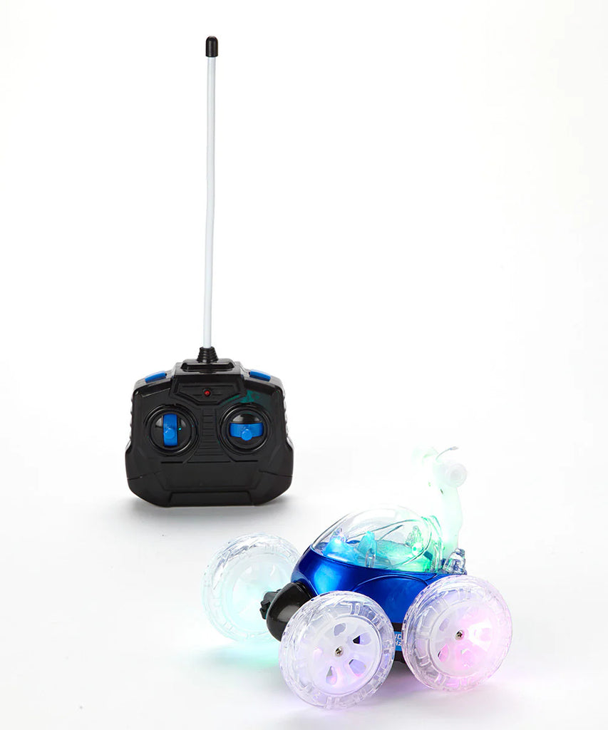 Toy car with colorful wheels and a remote control on a white background