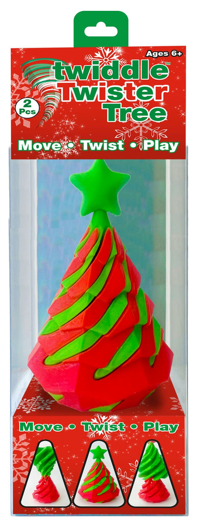 Red and green twiddle twister tree toy with packaging on a white background