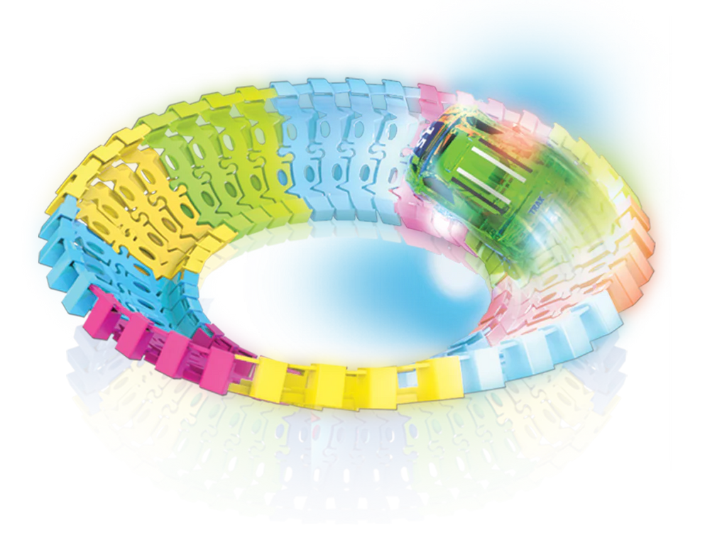 Colorful toy track with a small vehicle on a white background