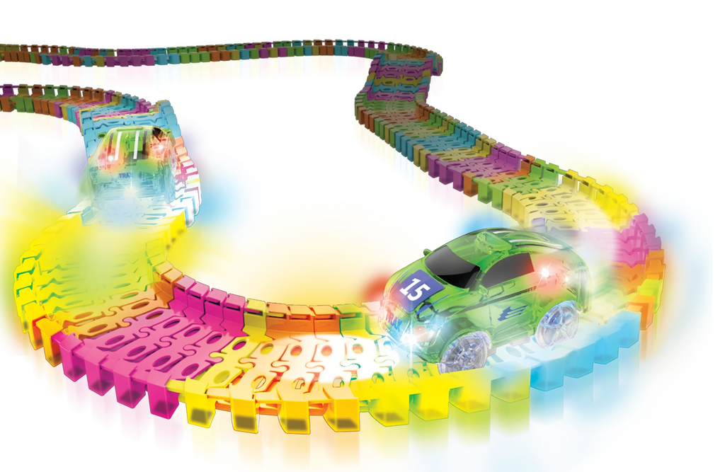Colorful toy track with a car on a white background