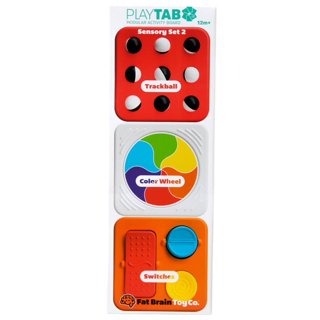 Packaging of PlayTAB sensory set with colorful components on a white background