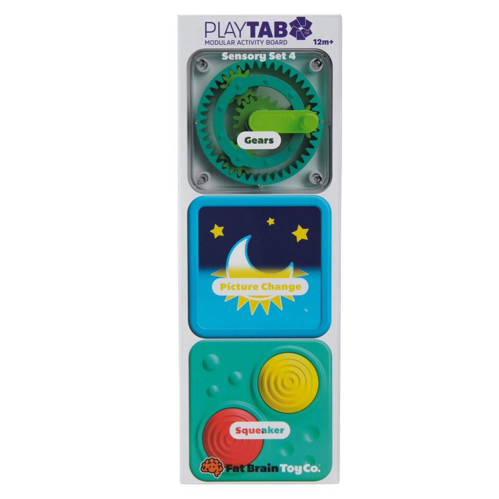 PlayTAB sensory set packaging with gears and other features on a white background