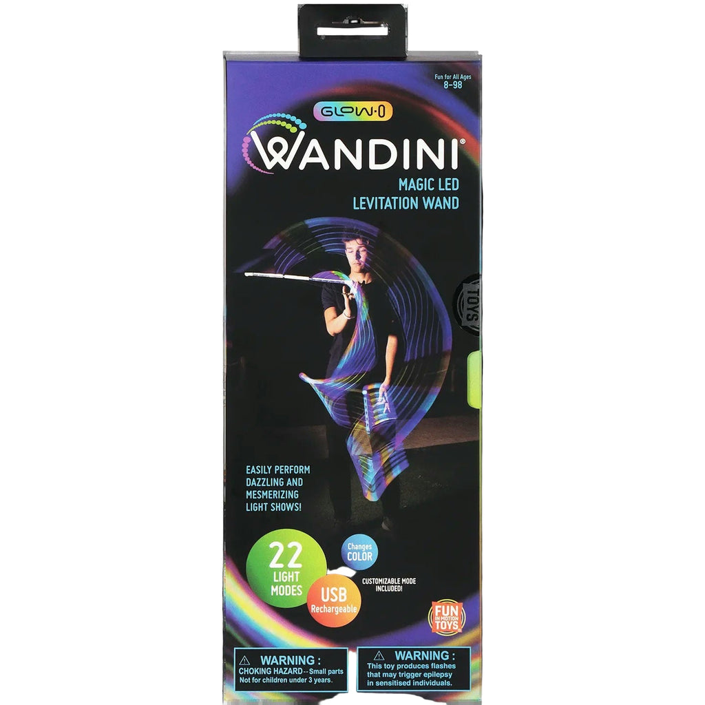 Wandini Magic LED Levitation Wand packaging with colorful design and text on a black background