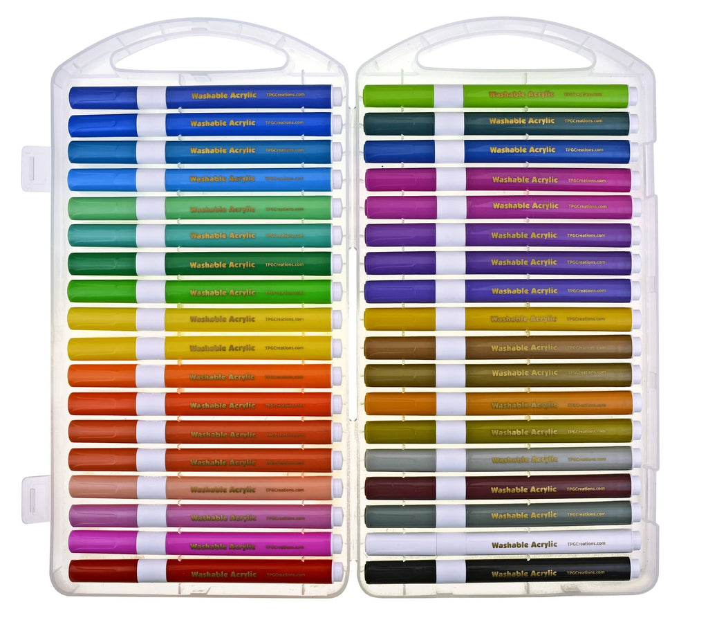 Set of colorful acrylic paint markers in a clear case