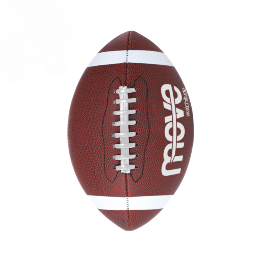 Brown football with white laces and 'Move' branding on a white background