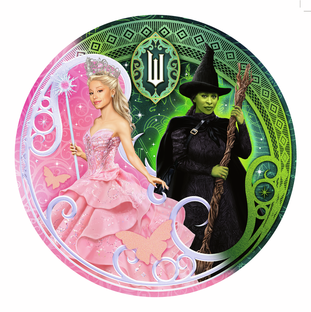 Circular design featuring a witch in a pink dress and a witch in black with decorative elements.
