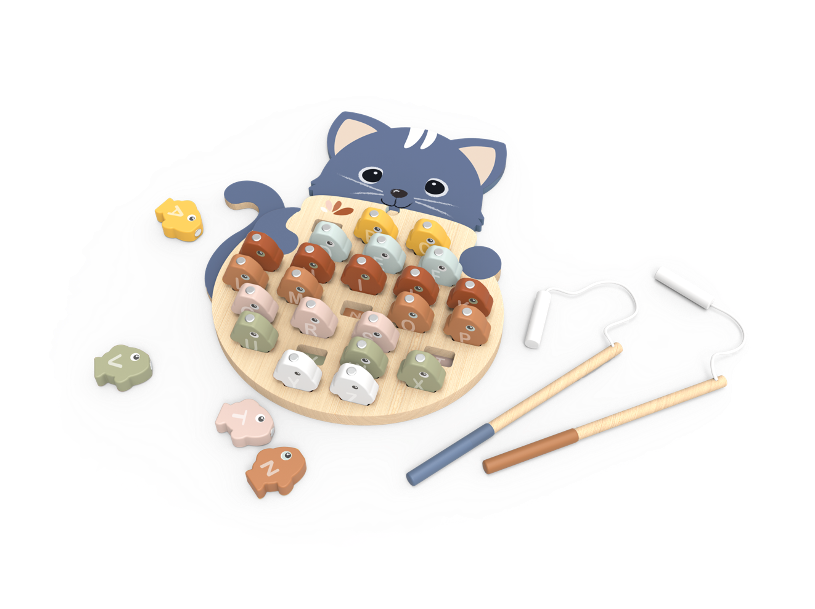 Wooden toy set with cat-shaped board and various small toys on a white background