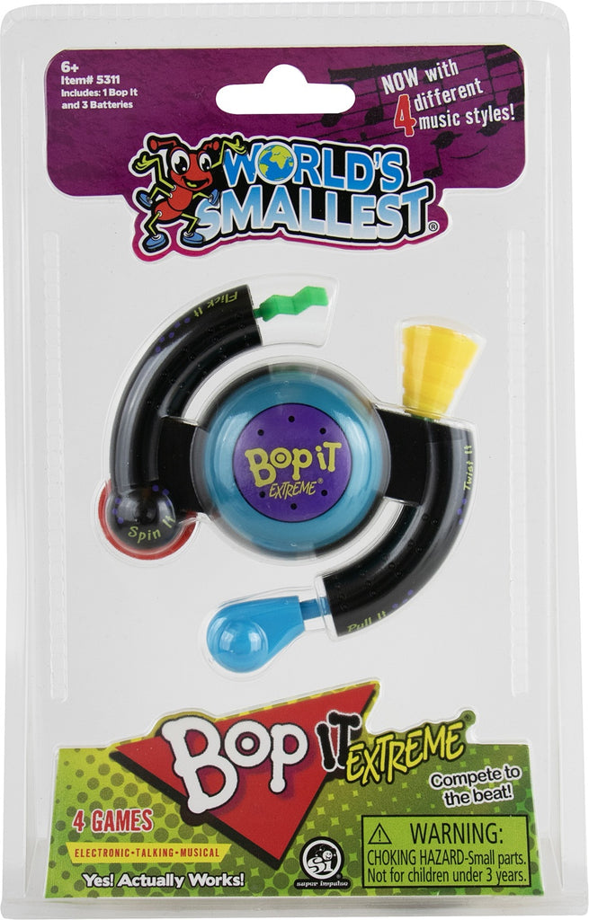 World's Smallest Bop It Extreme toy packaging with colorful design