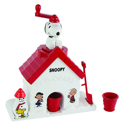 Snoopy toy house with characters and red roof on a white background