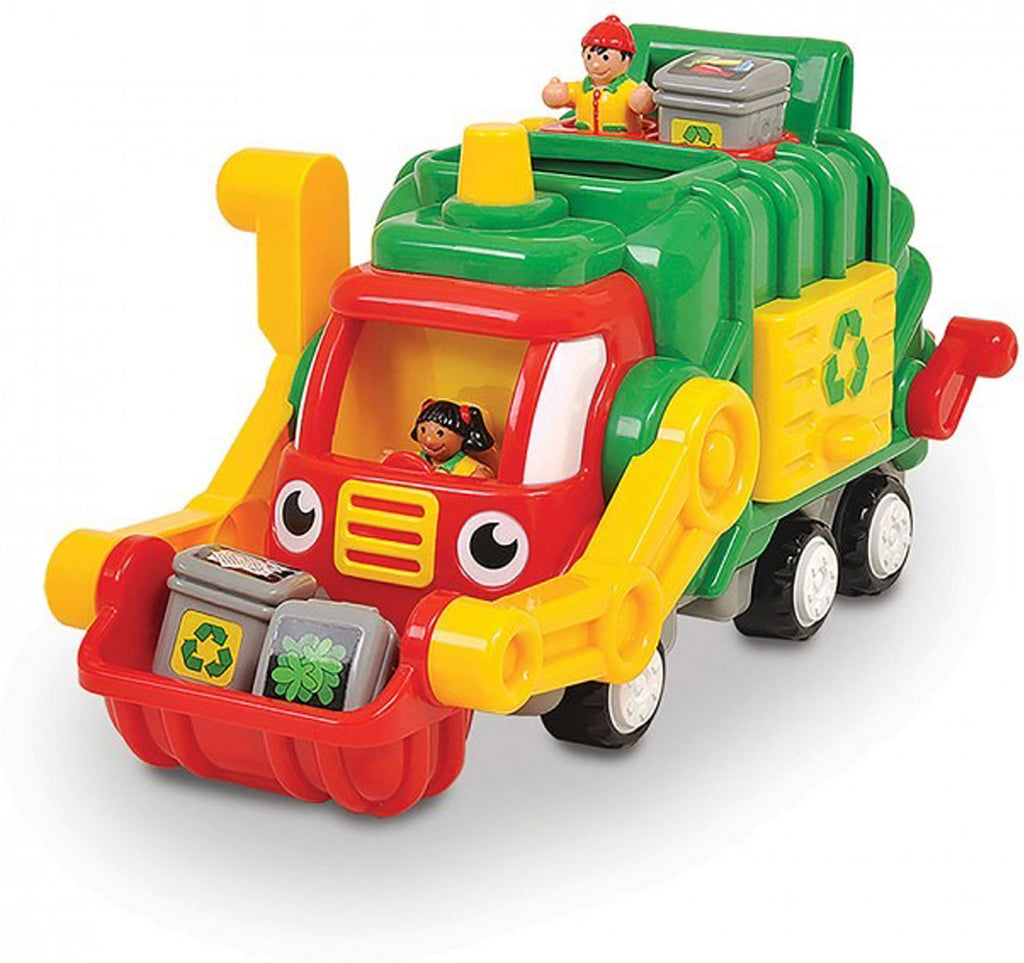 Toy garbage truck with characters on a white background