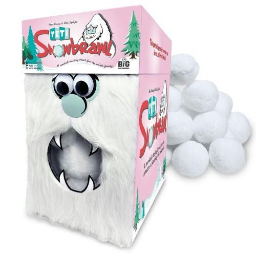 White fluffy toy with googly eyes and a blue nose, inside a pink 'Yeti Snowbrawl' box.