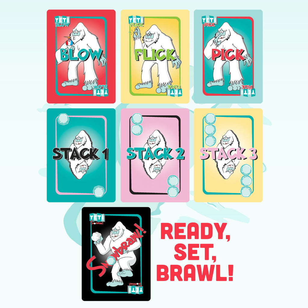 Set of cards with yeti cartoon character and text on a white background