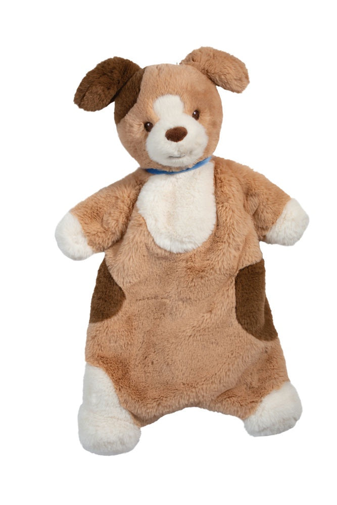 Plush toy dog with brown and beige fur on a white background