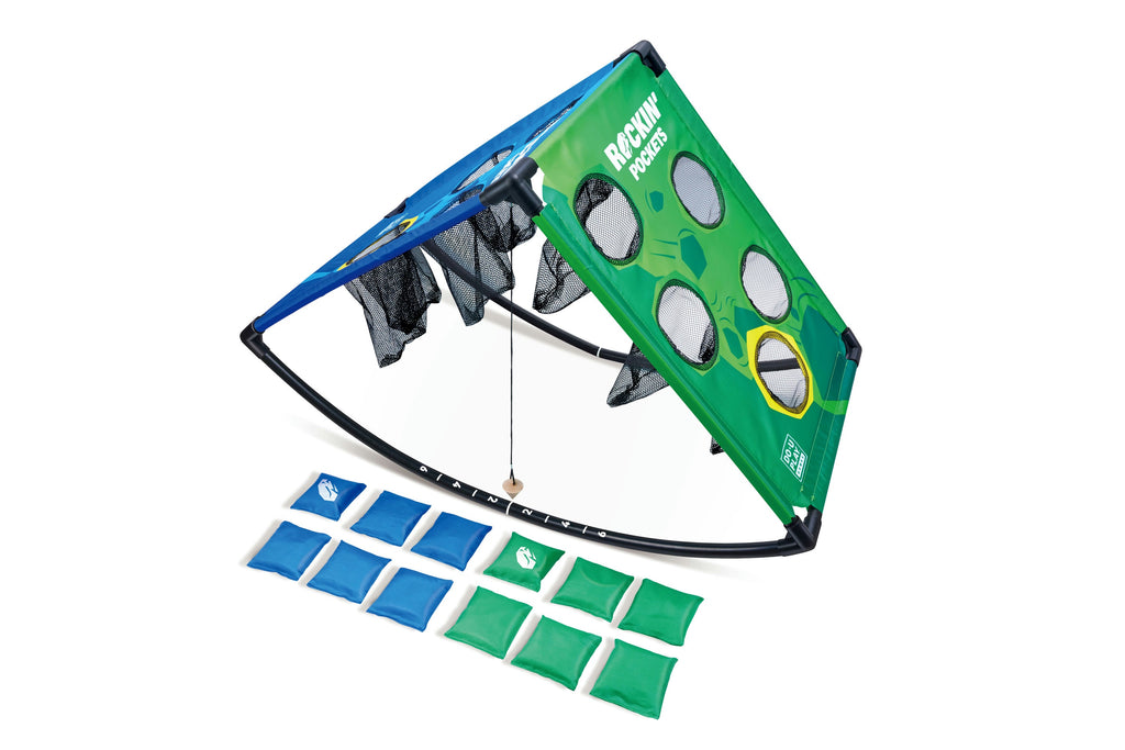 Green and blue rockin' pockets with additional components on a white background