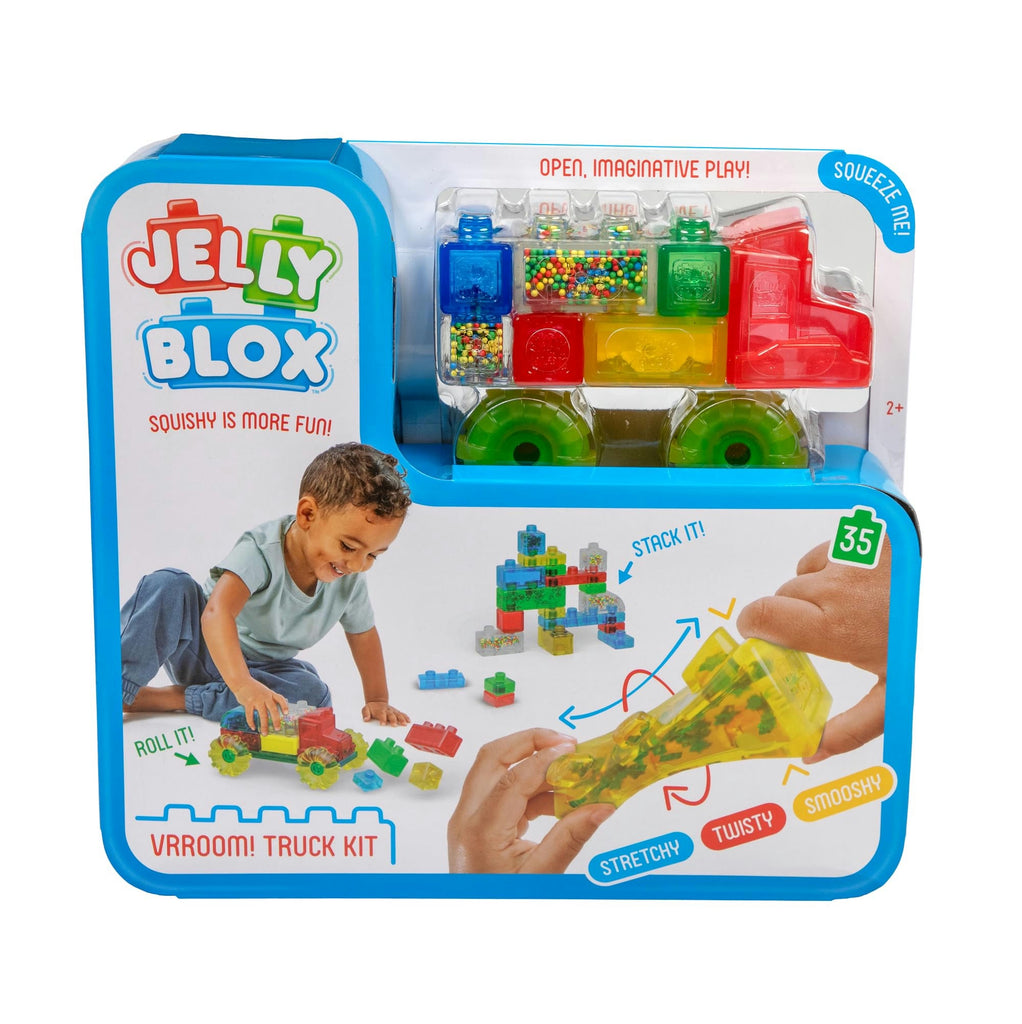 Jelly Blox Varoomi Truck Kit packaging with colorful toy truck and child playing