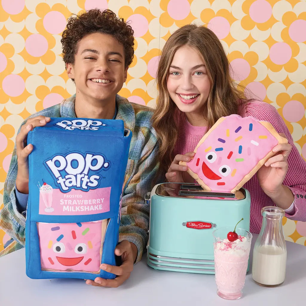 Two children with Pop-Tarts and a toaster against a colorful background