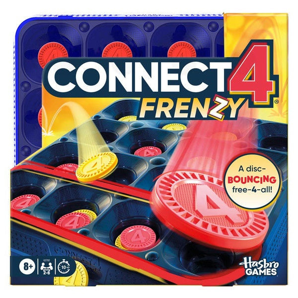 Connect 4 Frenzy game box with colorful discs and Hasbro Games branding