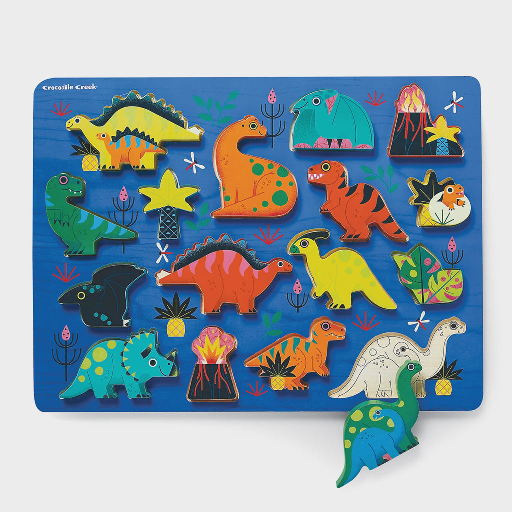 Image of Wooden Dino Play Scene Puzzle Front and Pieces