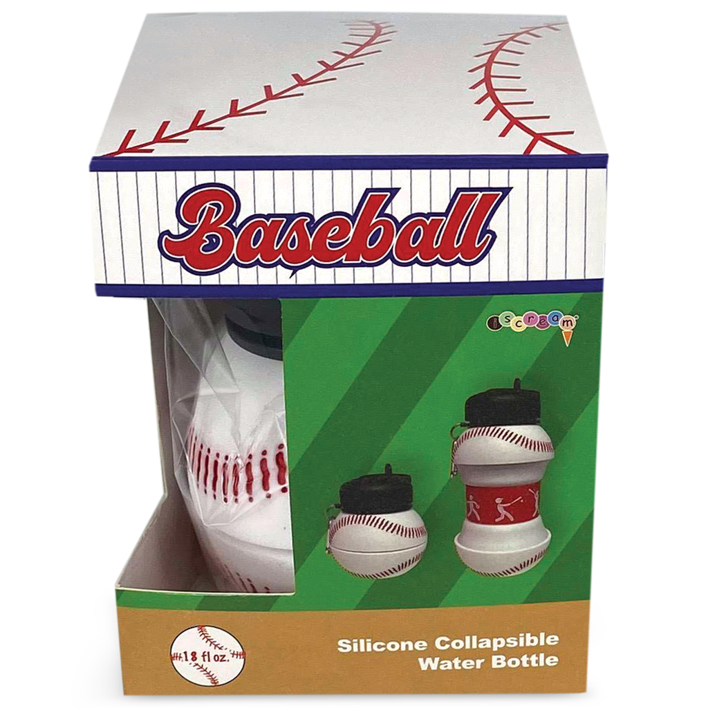 Image of Baseball Silicone Collapsible Water Bottle in packaging