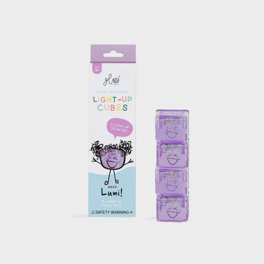 Image of Lumi 4 Pack Purple Cubes in packaging and outside of packaging