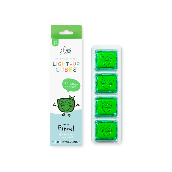 Image of Pippa 4 pack of green light up cubes packaging and 4 glow cubes displayed to the side